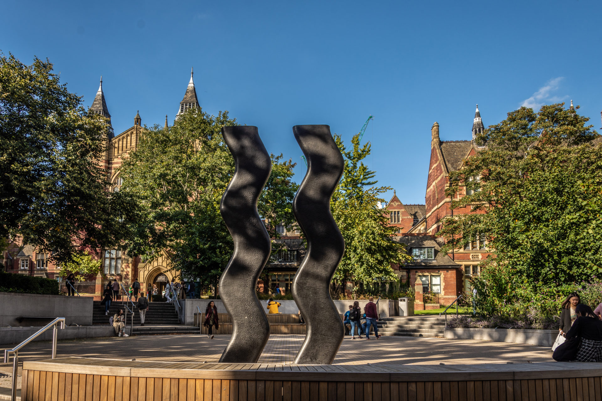 Photo on campus showing the wiggly bacon statue