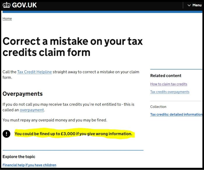 Example of an online gov.uk form - says correct a mistake on your tax credits claim form
