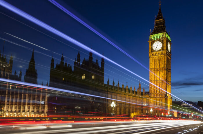 Big Ben by night. With light trails.