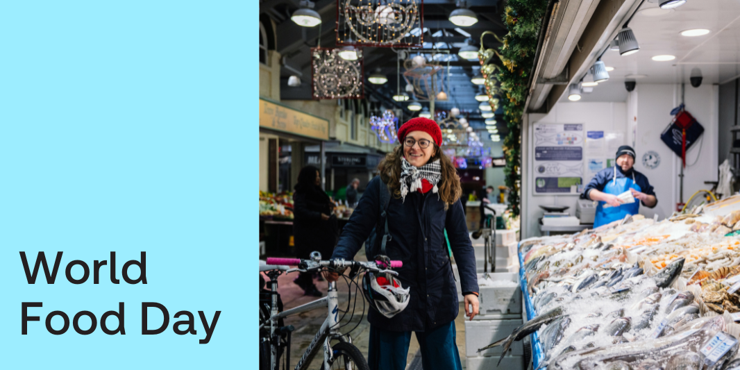 World Food Day - photograph of Sara Gonzalez at a fish counter in Leeds Kirkgate Market